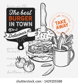 Burger illustration for restaurant on vintage background. Vector hand drawn poster for fast food cafe and hamburger truck. Design with lettering and doodle graphic vegetables.