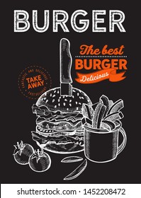 Burger illustration for restaurant on vintage background. Vector hand drawn poster for fast food cafe and hamburger truck. Design with lettering and doodle graphic vegetables.