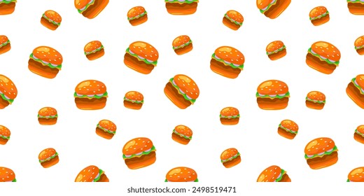 Burger Illustration Seamless Pattern. Fast Food Burger Seamless Pattern in Colorful Style. Vector Print For Fabric or Wallpaper.