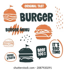 Burger illustration set. Hand drawn elements for restaurant or burger house.