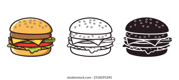 Burger Illustration Vetor, Silhueta, Contorno, tipo de logotipo isolado no fundo branco