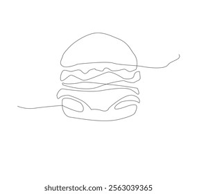 Burger image with one line, white background, Fast food restaurant burger silhouette with cheese, cutlet and salad. Street food logo with modern design.