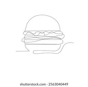 Burger image with one line, white background, Fast food restaurant burger silhouette with cheese, cutlet and salad. Street food logo with modern design.