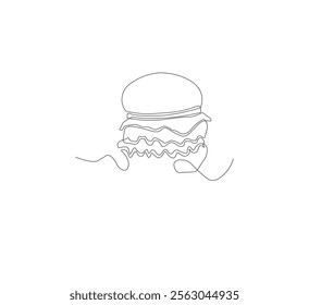 Burger image with one line, white background, Fast food restaurant burger silhouette with cheese, 