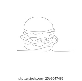 Burger image with one line, white background, Fast food restaurant burger silhouette with cheese