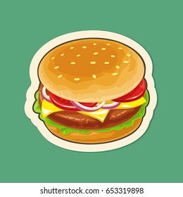 Burger include cutlet, tomato, cheese and salad. Vector flat illustration for poster, menu, brochure, web and icon. Isolated on turquoise background.