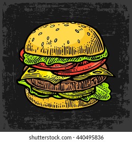 Burger include cutlet, tomato, cucumber and salad isolated on black background. Vector vintage engraving illustration for poster, menu, web, banner, info graphic