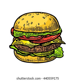Burger include cutlet, tomato, cucumber and salad isolated on white background. Vector vintage engraving illustration for poster, menu, web, banner, info graphic