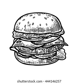 Burger include cutlet, tomato, cucumber and salad isolated on white background. Vector vintage engraving illustration for poster, menu, web, banner, info graphic