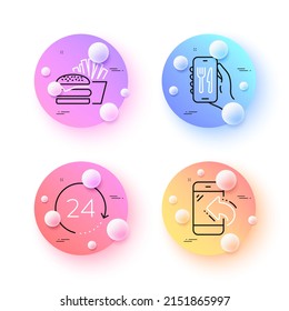 Burger, Incoming call and 24 hours minimal line icons. 3d spheres or balls buttons. Restaurant app icons. For web, application, printing. Cheeseburger, Phone support, Time. Smartphone food. Vector