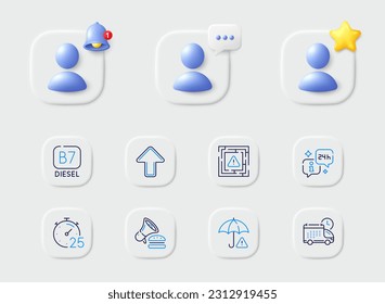 Burger, Info and Diesel line icons. Placeholder with 3d star, reminder bell, chat. Pack of Risk management, Delivery, Maze attention icon. Timer, Upload pictogram. For web app, printing. Vector