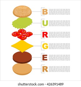 Burger infographics. Structure of hamburger isometrics. Fresh bun. Cutlets. Cheese and lettuce. Tasty tomato. Construction of sandwich. Fast food ingredients flat packed