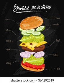 Burger ingredient. Chalk board with hamburger product component and element. Fast food restaurant menu. Bun, cucumber, cheese, beef, onion, lettuce slice and ketchup illustration. Vector burger set 
