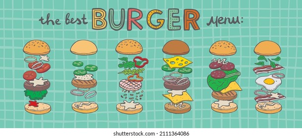 Ingrediente de hamburguesa. Hamburguesa y cheeseburger ingrediente gran vector set. Verduras rebanadas, bollo, chuleta, huevo frito, lechuga, tocino, queso, ilustración de salsa. Cocina de comida rápida y preparación de hamburguesas