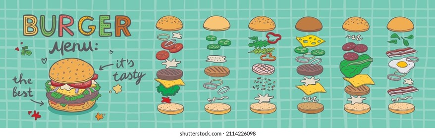 Burger ingredient. Hamburger and cheeseburger ingredient big vector set. Sliced veggies, bun, cutlet, fried egg, lettuce, bacon, cheese, sauce illustration. Fast food cooking and burger preparation