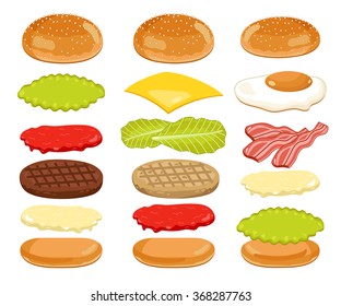 Burger ingredient. Hamburger and cheeseburger ingredient big vector set. Sliced veggies, bun, cutlet, fried egg, lettuce, bacon, cheese, sauce illustration. Fastfood cooking and burger preparation 
