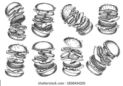 Burger ingredient hand drawn sketch. Hamburger, cheeseburger, sandwich with flying bun, meat cutlet, mustard, tomato, cheese, onion, burger vector isolated on white background. Flying burger engraved