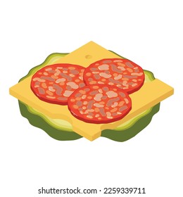 Burger ingredient icon isometric vector. Sausage slice, cheese and salty cucumber. Food concept, unhealthy nutrition