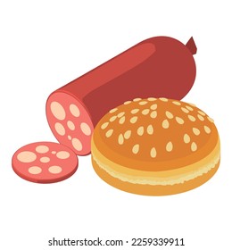 Burger ingredient icon isometric vector. Sesame burger bun near sausage stick. Fast food, unhealthy nutrition