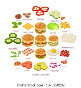 Burger ingredient icons set. Isometric illustration of 25 burger ingredient food vector icons for web