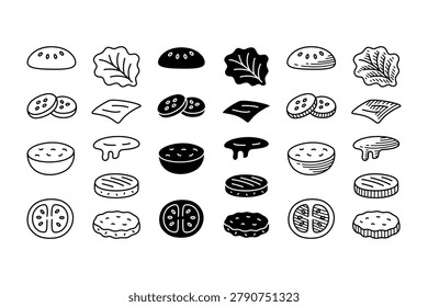 Burger ingredient outline and solid icon set. Burger toppings and sandwich elements line art and silhouette element symbol pack. Buns, Lettuce, Cheese, onions, Sauces, patties, Tomatoes, Pickles