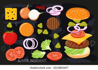 Burger ingredient set isolated on black chalk board. Hamburger Creation Product Kit. Chopped vegetables, bun, cutlet, sauce. Flat design for menu cafe, restaurant, poster. Burger or toast ingredient