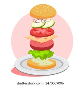 Burger ingredients. Bread and cheese, salad and tomato. Fast food in menu. Tasty meal. Vector illustration in cartoon style