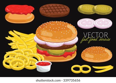 Burger ingredients and burger bun isolated on black