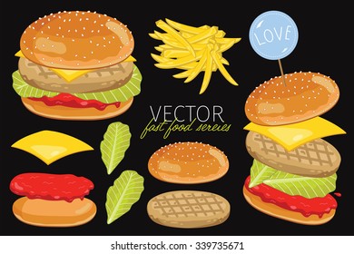 Burger ingredients and burger bun isolated on black.