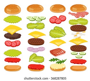 Burger ingredients and burger buns isolated on white background. 