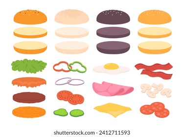 Burger ingredients. Burgers buns, cheese, vegetables and meat cutlet. Tasty sandwiches fresh sliced food. Sauces and bacon, racy vector clipart