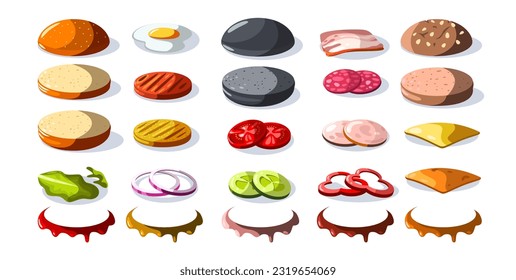 Burger ingredients. Cartoon fast food constructor with cheese sauce onion tomato lettuce cucumber, hamburger with roasted meat flat food. Vector set of burger food illustration, sandwich and hamburger