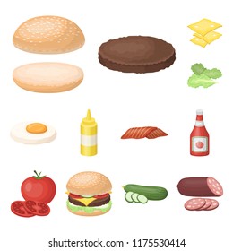 Burger and ingredients cartoon icons in set collection for design. Burger cooking vector symbol stock  illustration.