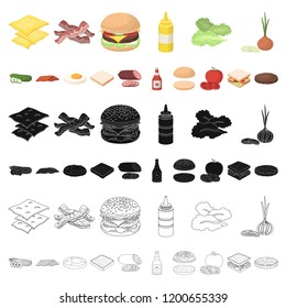 Burger and ingredients cartoon icons in set collection for design. Burger cooking vector symbol stock web illustration.