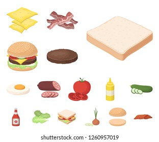 Burger and ingredients cartoon icons in set collection for design. Burger cooking vector symbol stock web illustration.