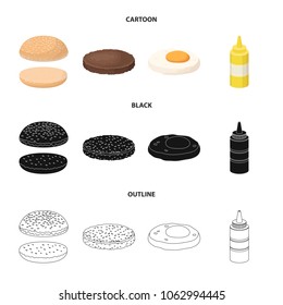 Burger and ingredients cartoon,black,outline icons in set collection for design. Burger cooking vector symbol stock web illustration.