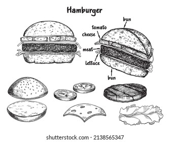 Burger and Burger Ingredients. Crispy cutlet with isolated elements. Big tasty sandwich Sketch illustration of components and elements of hamburger products. Fast Food Menu Builder Vector