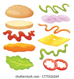 Burger ingredients diy collection. Set of isolated ingredients for build your own burger and sandwich. Sliced vegetables, sauces, bun and cutlet for burger. Vector burger maker