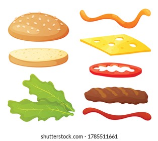 Burger ingredients diy collection. Set of isolated ingredients for build your own burger and sandwich. Sliced vegetables, sauces, bun and cutlet for burger. Vector burger maker