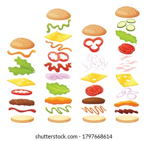 Burger ingredients diy collection. Set of isolated ingredients for build your own burger and sandwich. Sliced vegetables, sauces, bun and cutlet for burger. Vector burger maker