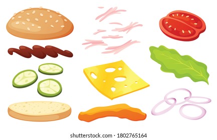 Burger ingredients diy collection. Set of isolated ingredients for build your own burger and sandwich. Sliced vegetables, sauces, bun and cutlet for burger. Vector burger maker