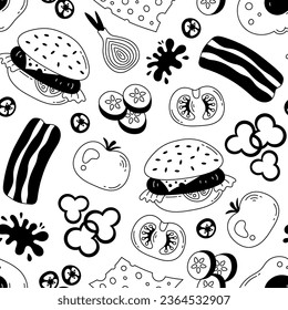 Burger with ingredients doodle seamless pattern. Fast food black and white seamless background. Repeat vector illustration for menu, delivery, restaurant, kitchen.