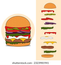 Ilustración vectorial de los ingredientes y elementos de la hamburguesa, bollo, salsa, pepino, tomate, cebolla, ensalada, huevo, queso y carne.