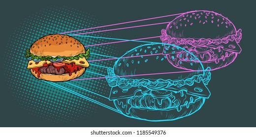 Burger ingredients, fast food restaurant. Pop art retro vector illustration vintage kitsch