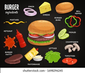 Ingredientes de hamburguesa, menú sandwich de comida rápida, iconos vectoriales. Queso y hamburguesas, carne, queso y panecillos, champiñones, pimienta y lechuga con ketchup y mayonesa