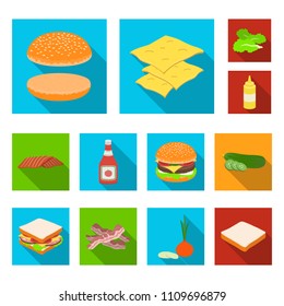 Burger and ingredients flat icons in set collection for design. Burger cooking vector symbol stock web illustration.