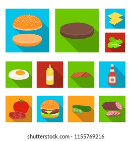 Burger and ingredients flat icons in set collection for design. Burger cooking vector symbol stock web illustration.