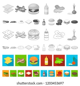 Burger and ingredients flat icons in set collection for design. Burger cooking vector symbol stock web illustration.