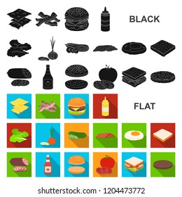 Burger and ingredients flat icons in set collection for design. Burger cooking vector symbol stock web illustration.