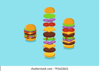 Burger and ingredients, flat illustration.